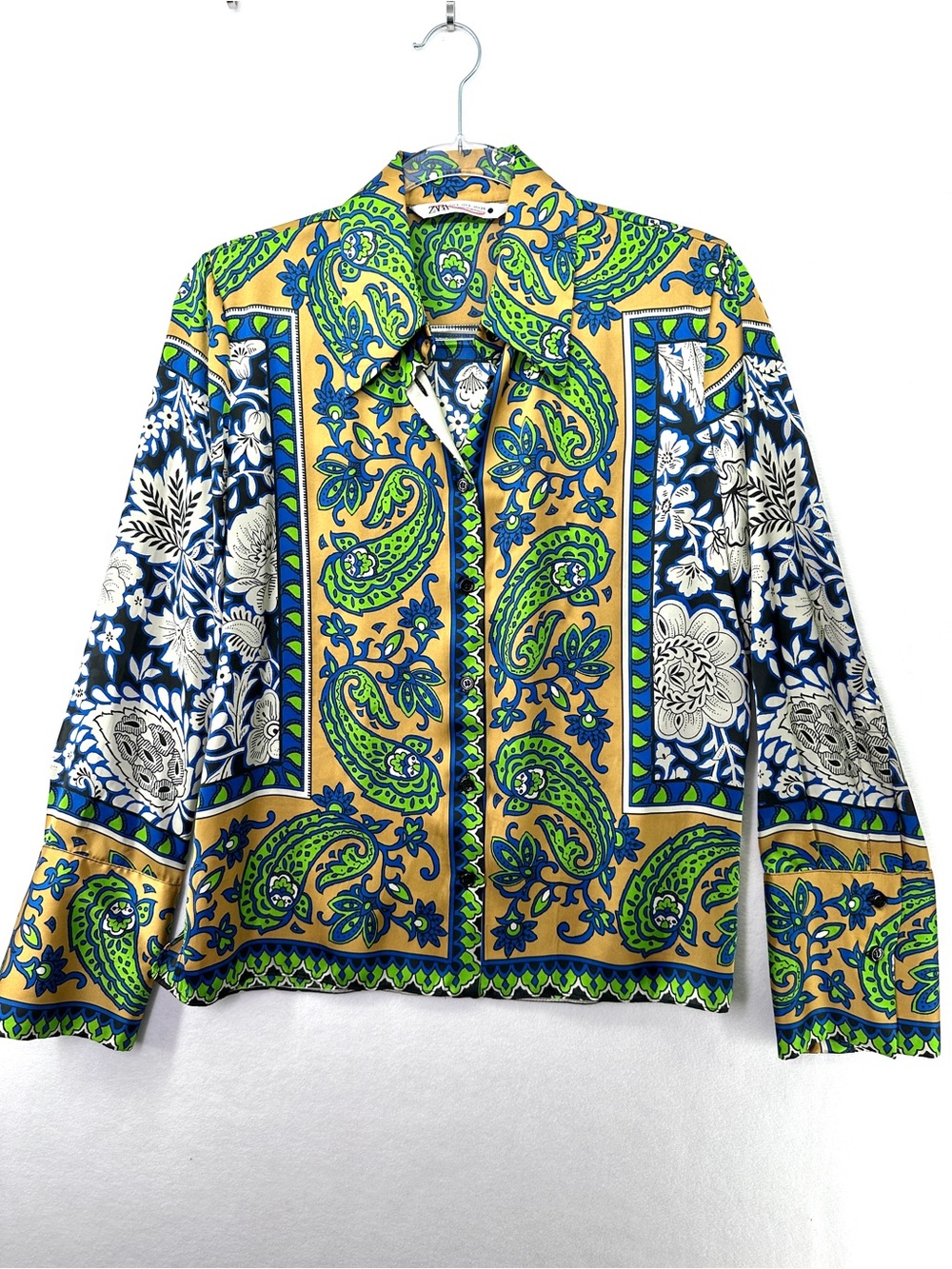 Zara Satin Blouse Womens M Paisley Floral Button Up Shirt Multicolor Boho Top